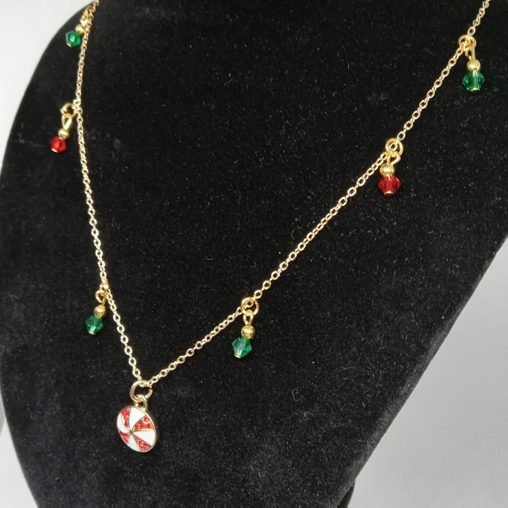 Hand Crafted Gold Necklace with Red and Green Charms - Picture 3 of 7